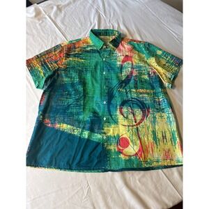 Hawaiian Shirts Button Down Mens 3XL Teal Music Treble Clef Abstract Excellent